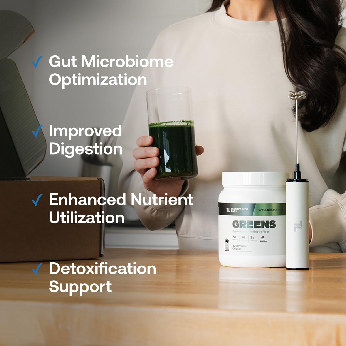 Transparent Labs Prebiotic Greens packaging side panel highlights clean formulation