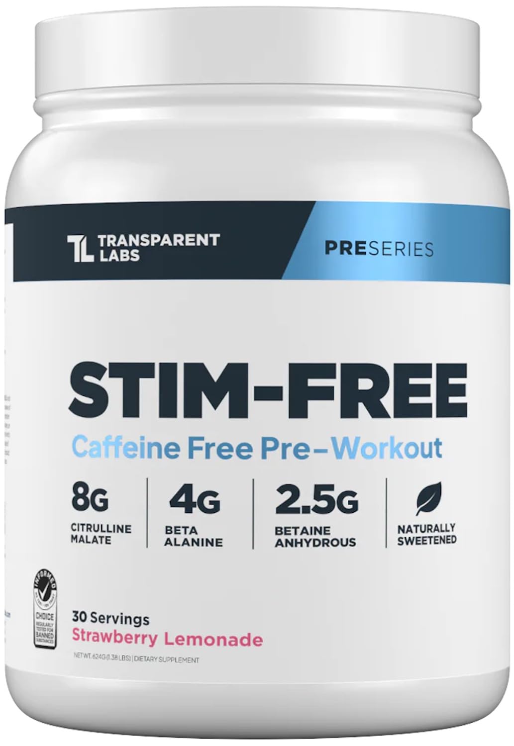 Transparent Labs Stim-Free Pre-Workout canister in strawberry lemonade flavor.