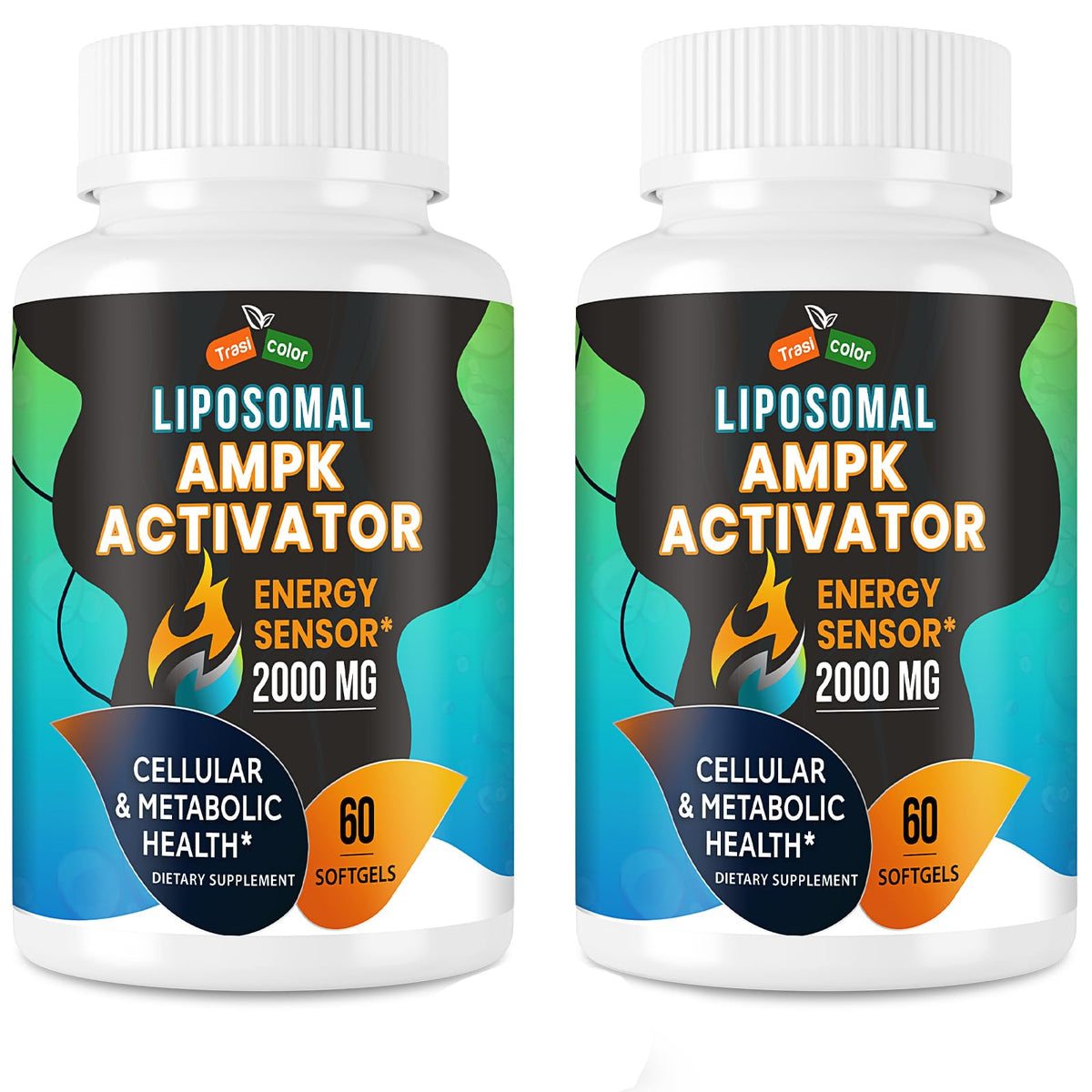 Trasicolor AMPK Activator bottle closeup highlighting liposomal formula for energy support