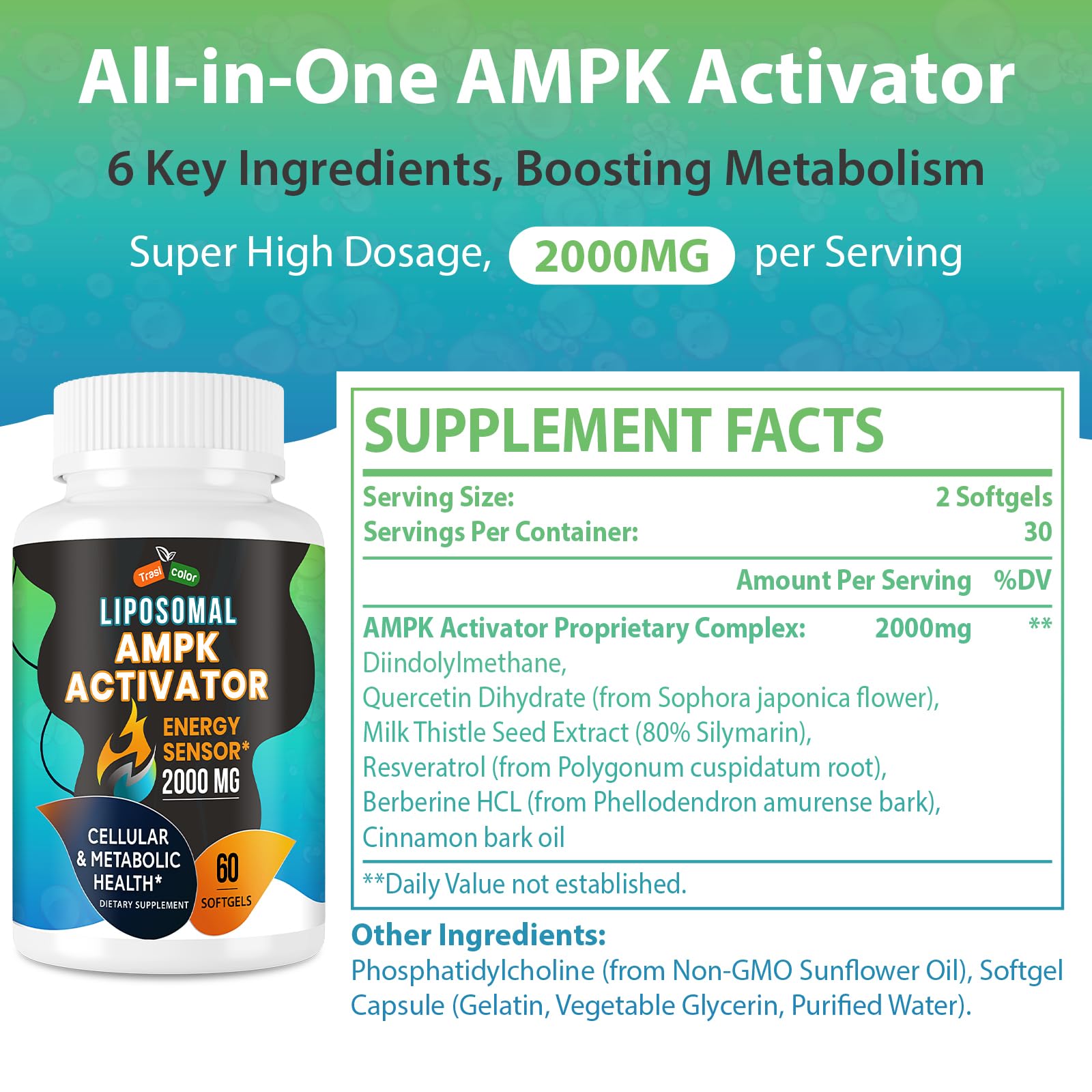 Trasicolor AMPK Activator packaging box with 120 softgels and quality seals