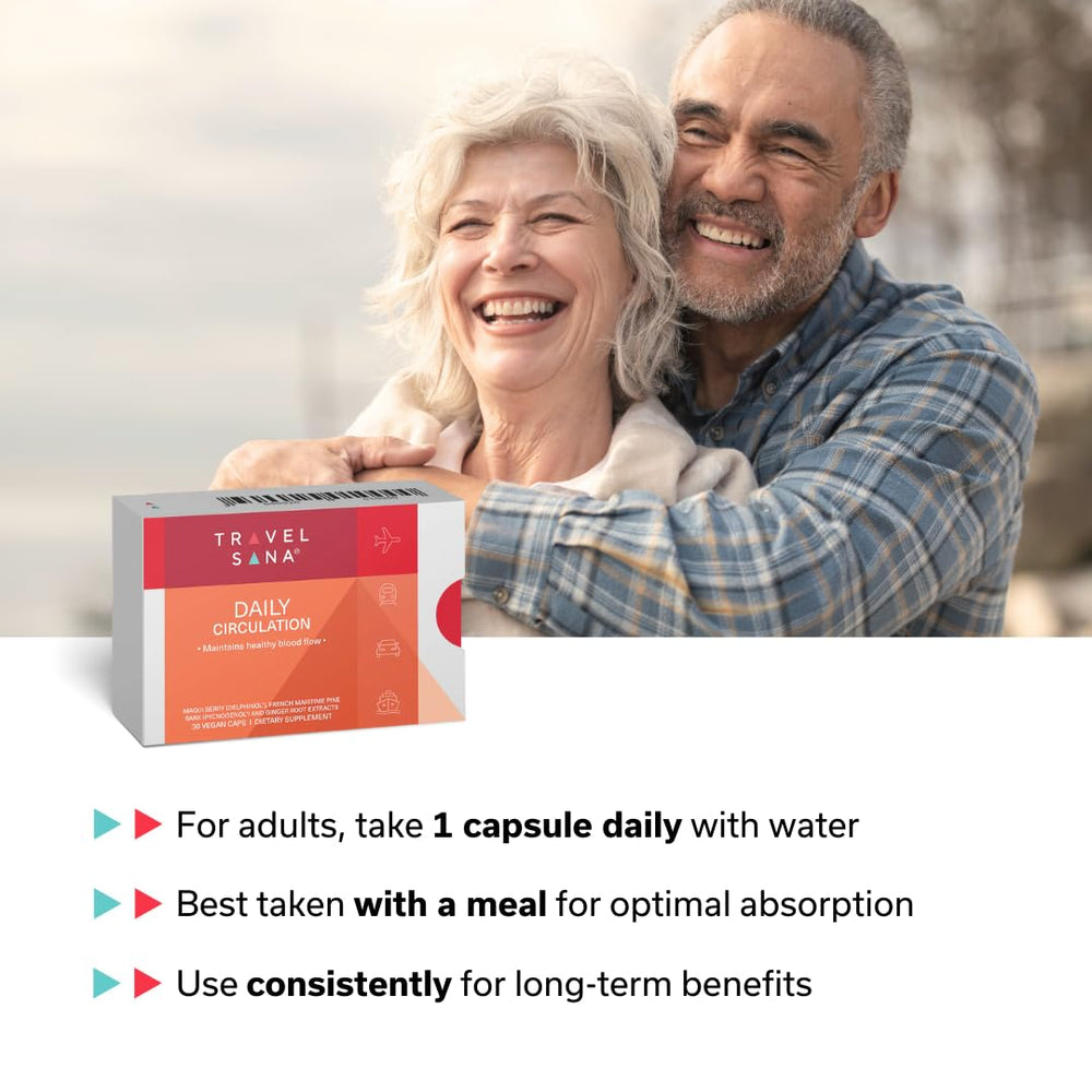TRAVELSANA Daily Circulation capsules closeup showing easy-to-swallow vegan formula.