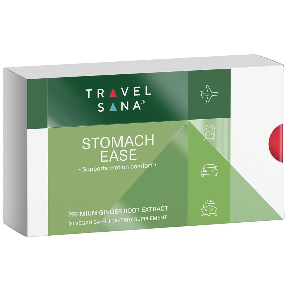 TRAVELSANA Organic Ginger Supplement bottle for travel-friendly stomach comfort.