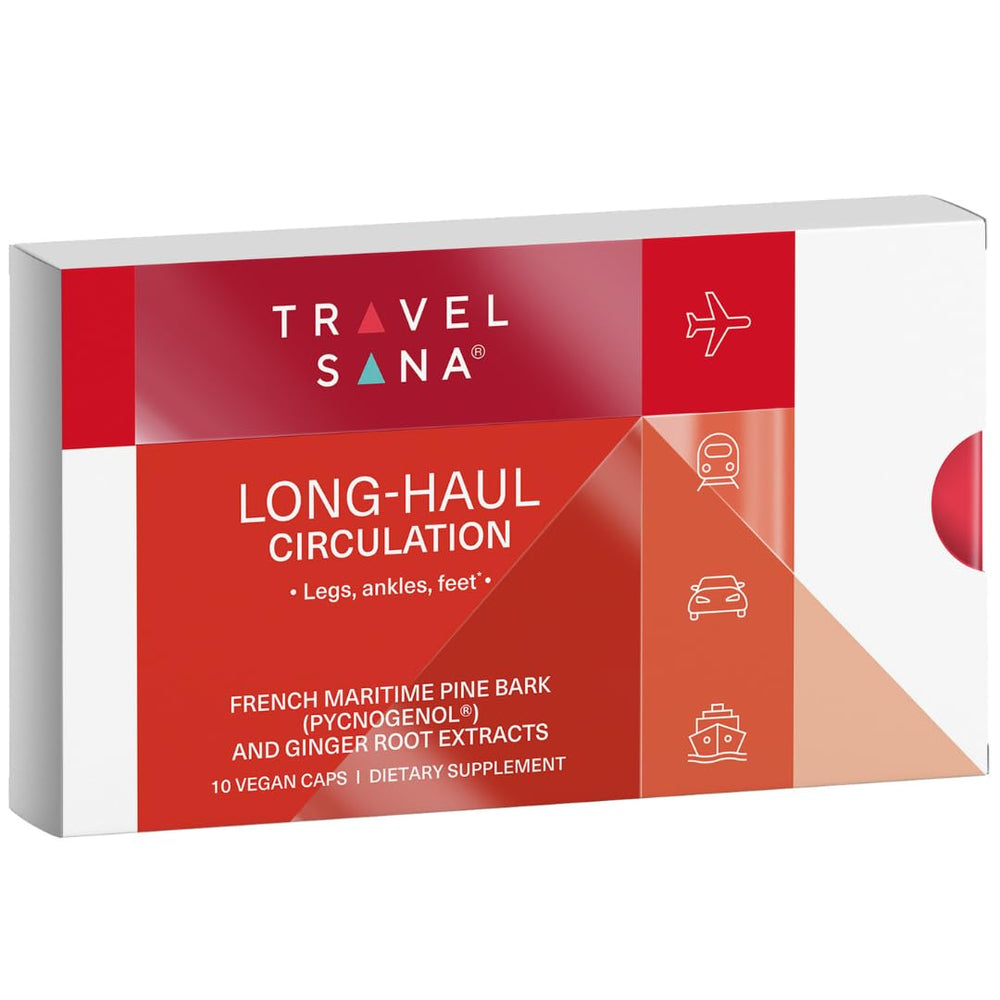 Travelsana Pycnogenol Ginger capsules bottle for travel circulation support.