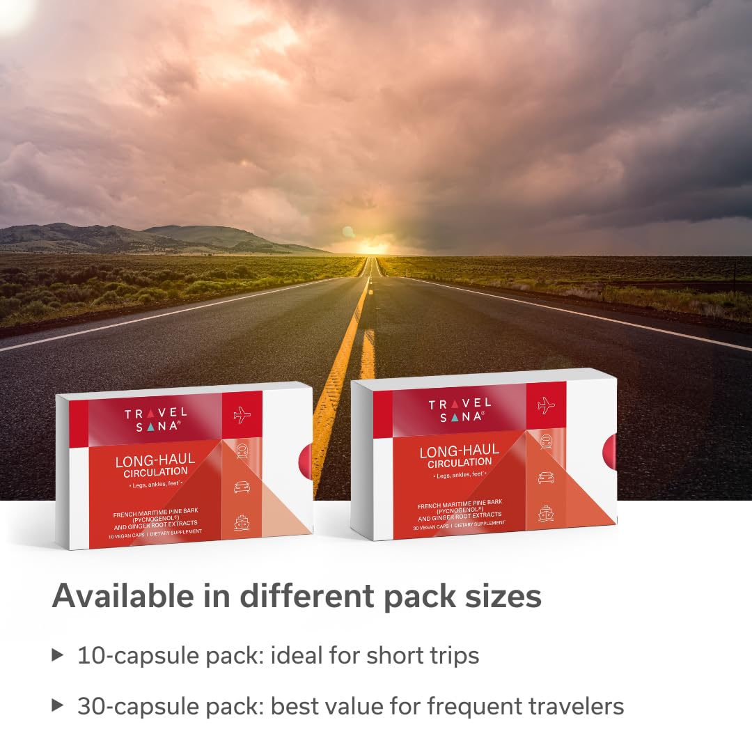 Travelsana bottle in a travel kit beside passport, highlighting a long-haul travel essential.