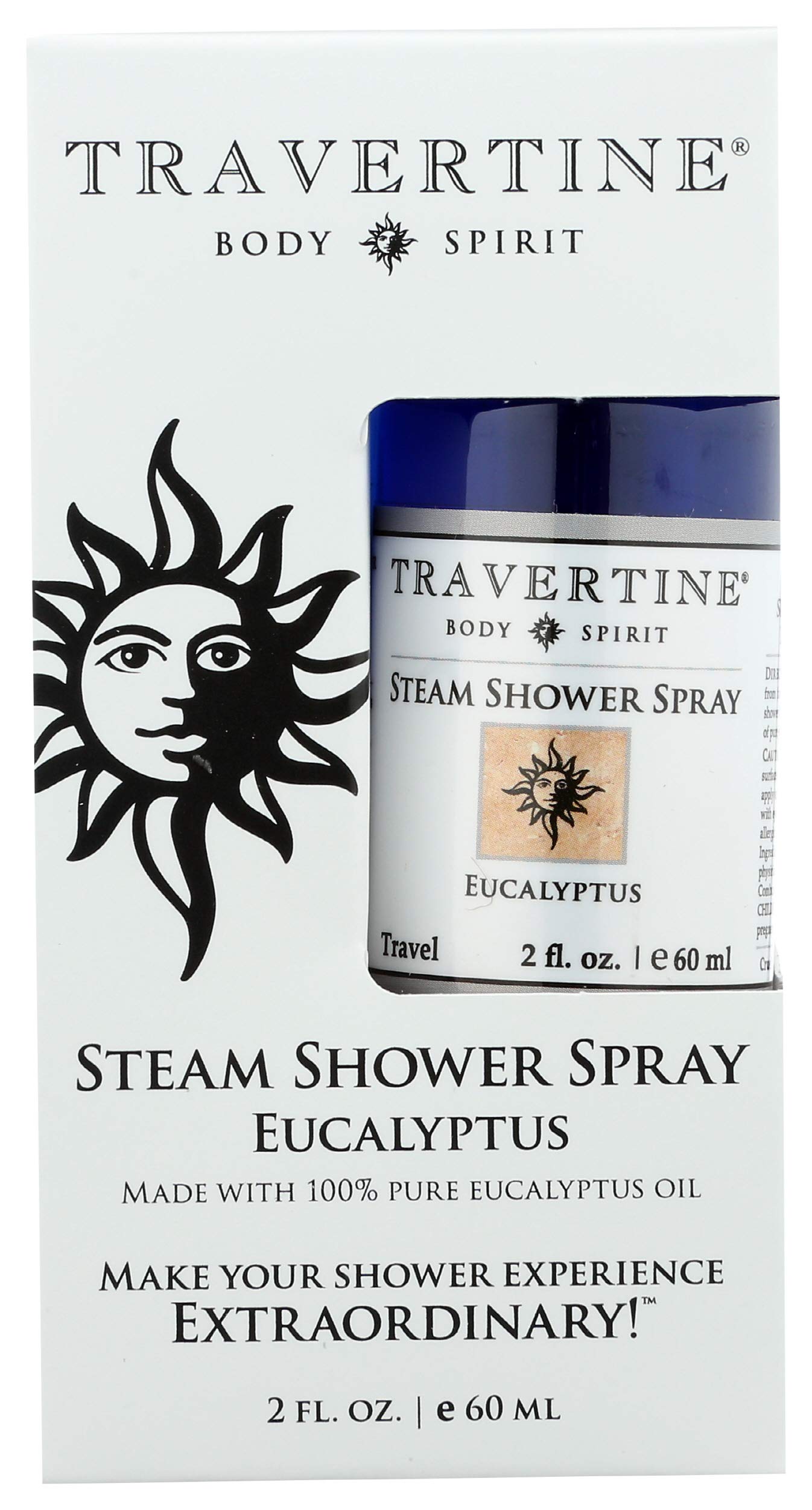 Travertine Spa Steam Shower Spray bottle highlights pure eucalyptus oil for a refreshing aroma.