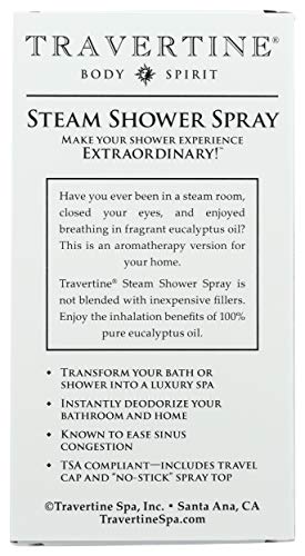 Travertine Spa Steam Shower Spray pour-action shows easy spray for a quick aromatherapy moment.