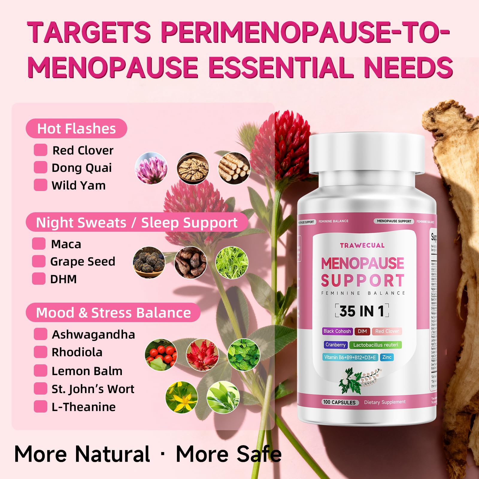 Trawecual red clover and ashwagandha blend supporting hormone balance and mood