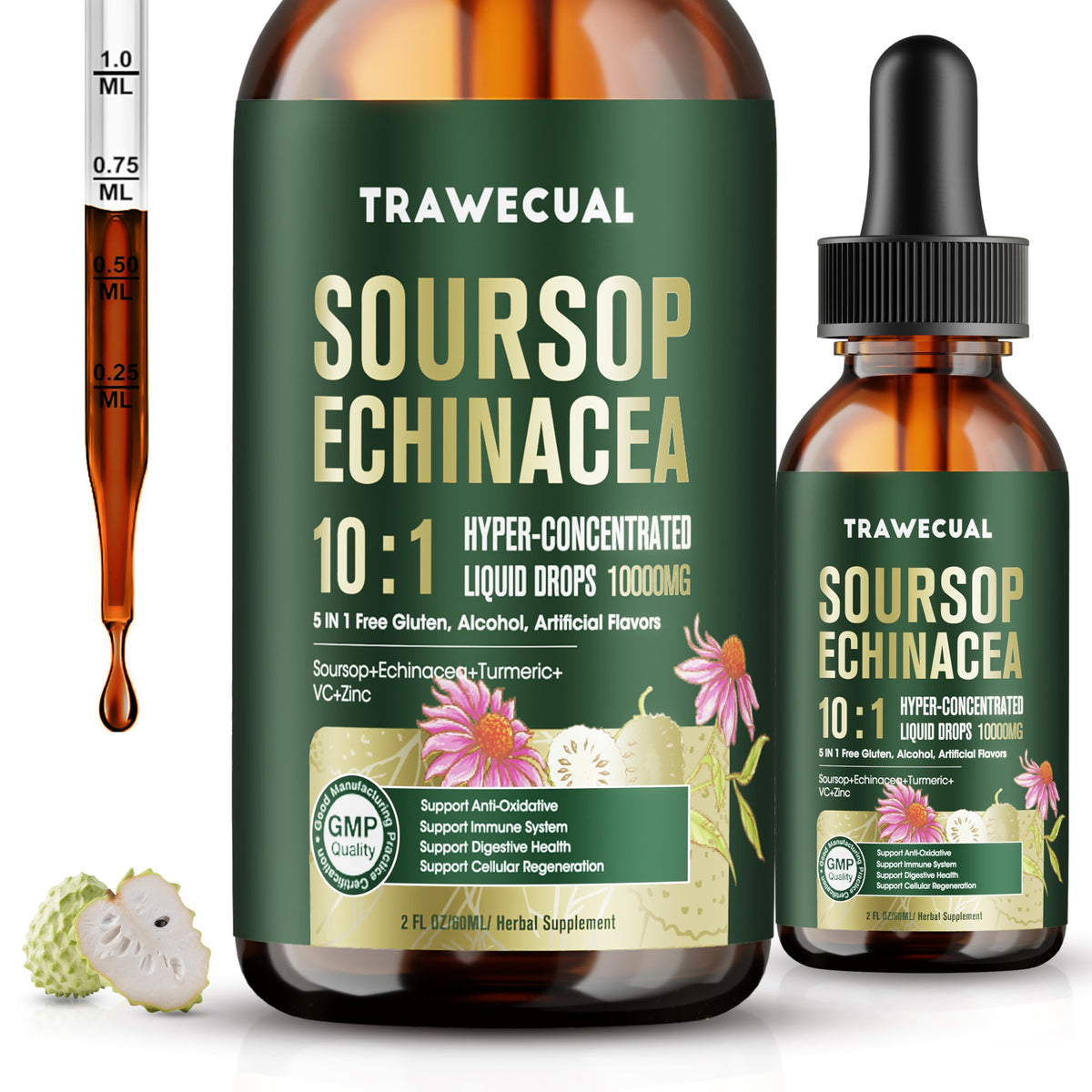 Trawecual Soursop Drops bottle front for convenient daily immune support.