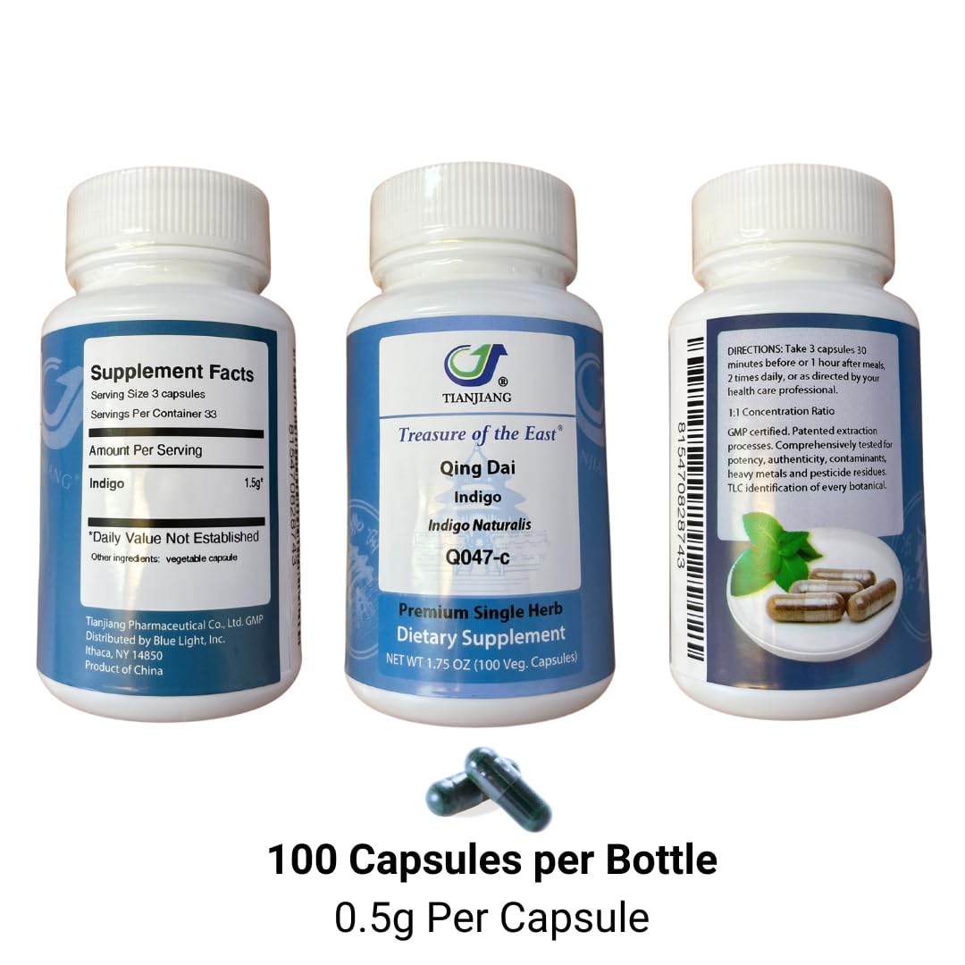 Treasure of the East Indigo Qing Dai capsules label origin and sustainability info