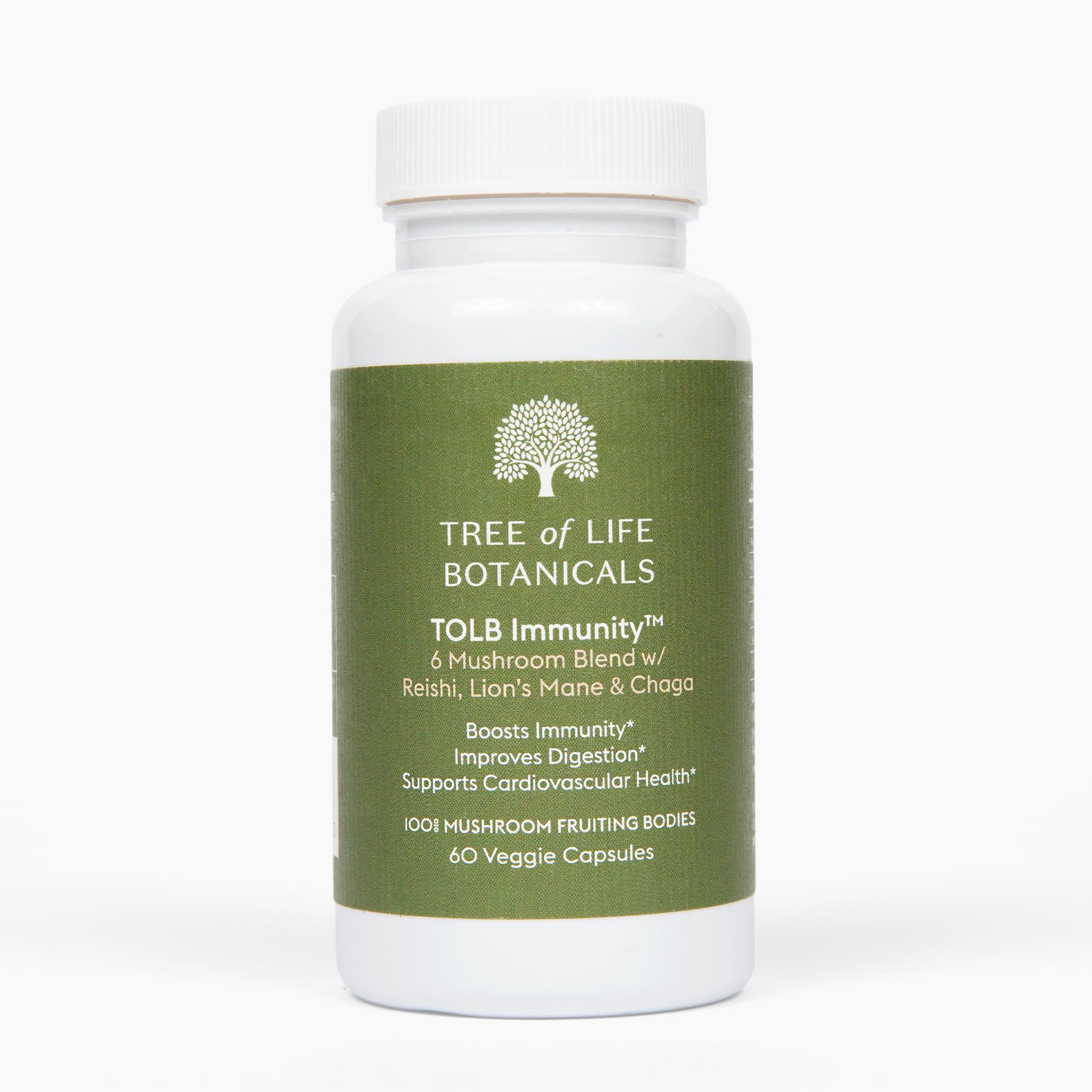 Tree of Life Botanicals Immunity Mushroom Complex bottle showing six mushrooms for immune balance