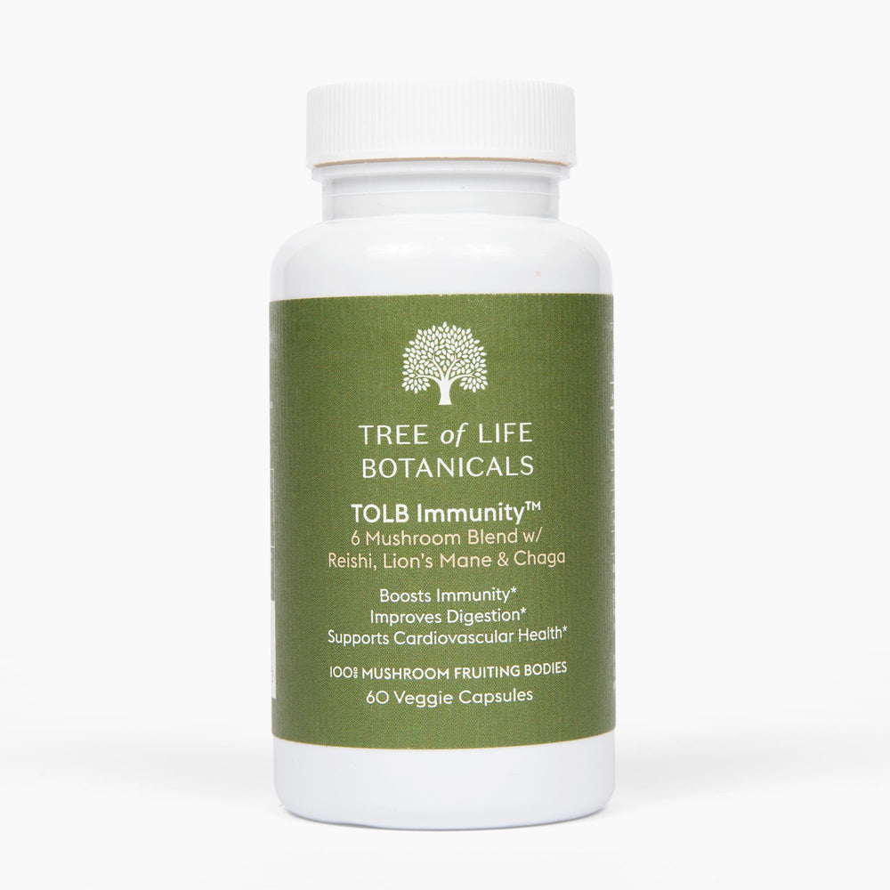 Tree of Life Botanicals Immunity Mushroom Complex bottle showing six mushrooms for immune balance