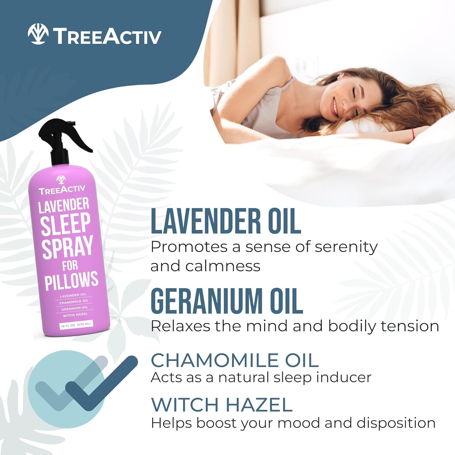 TreeActiv fabric spray releasing lavender chamomile scent on bedroom textiles