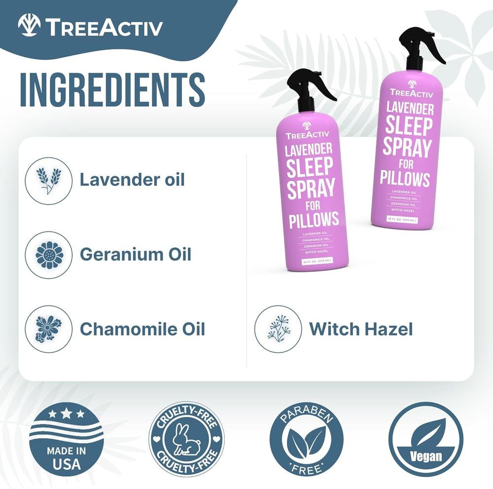 TreeActiv pillow spray dispersing lavender fragrance to unwind before sleep