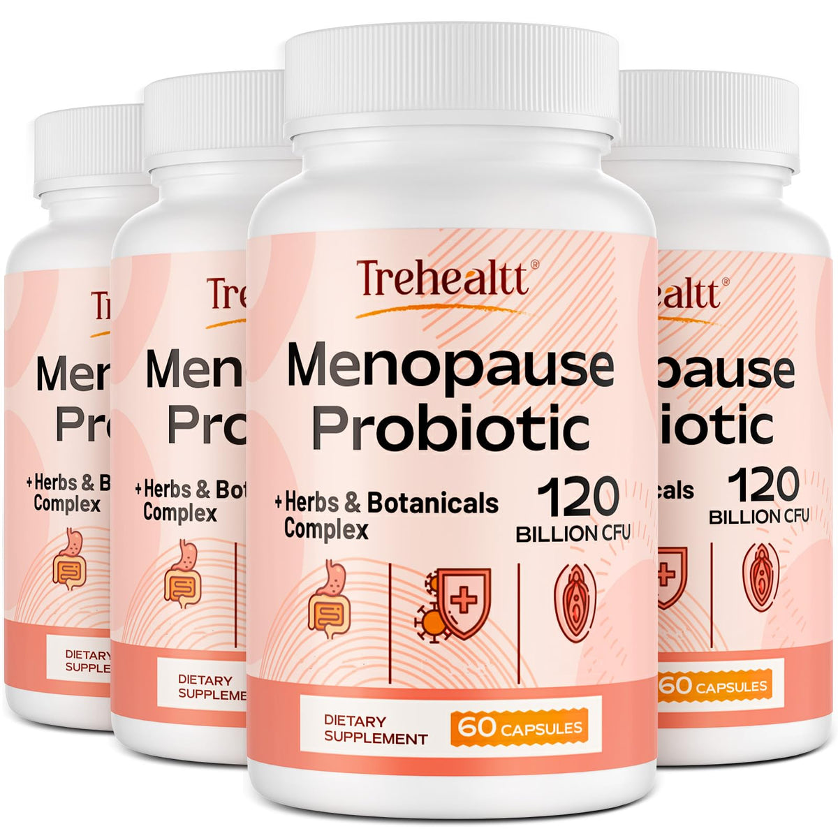 Trehealtt menopause probiotic bottle showing 120B CFU per serving for gut balance