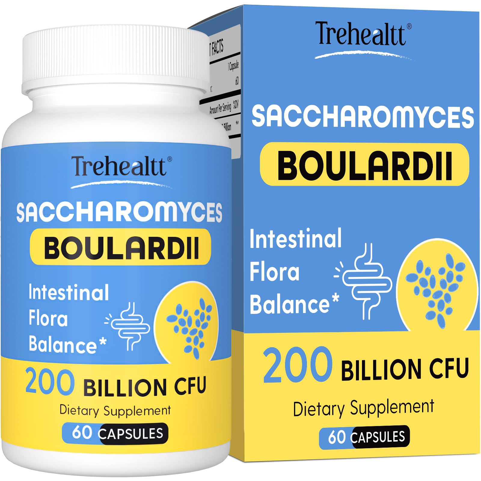 Trehealtt Saccharomyces boulardii bottle front, acid-resistant probiotic for digestive comfort.