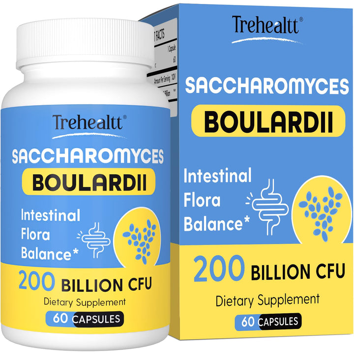 Trehealtt Saccharomyces boulardii bottle front, acid-resistant probiotic for digestive comfort.