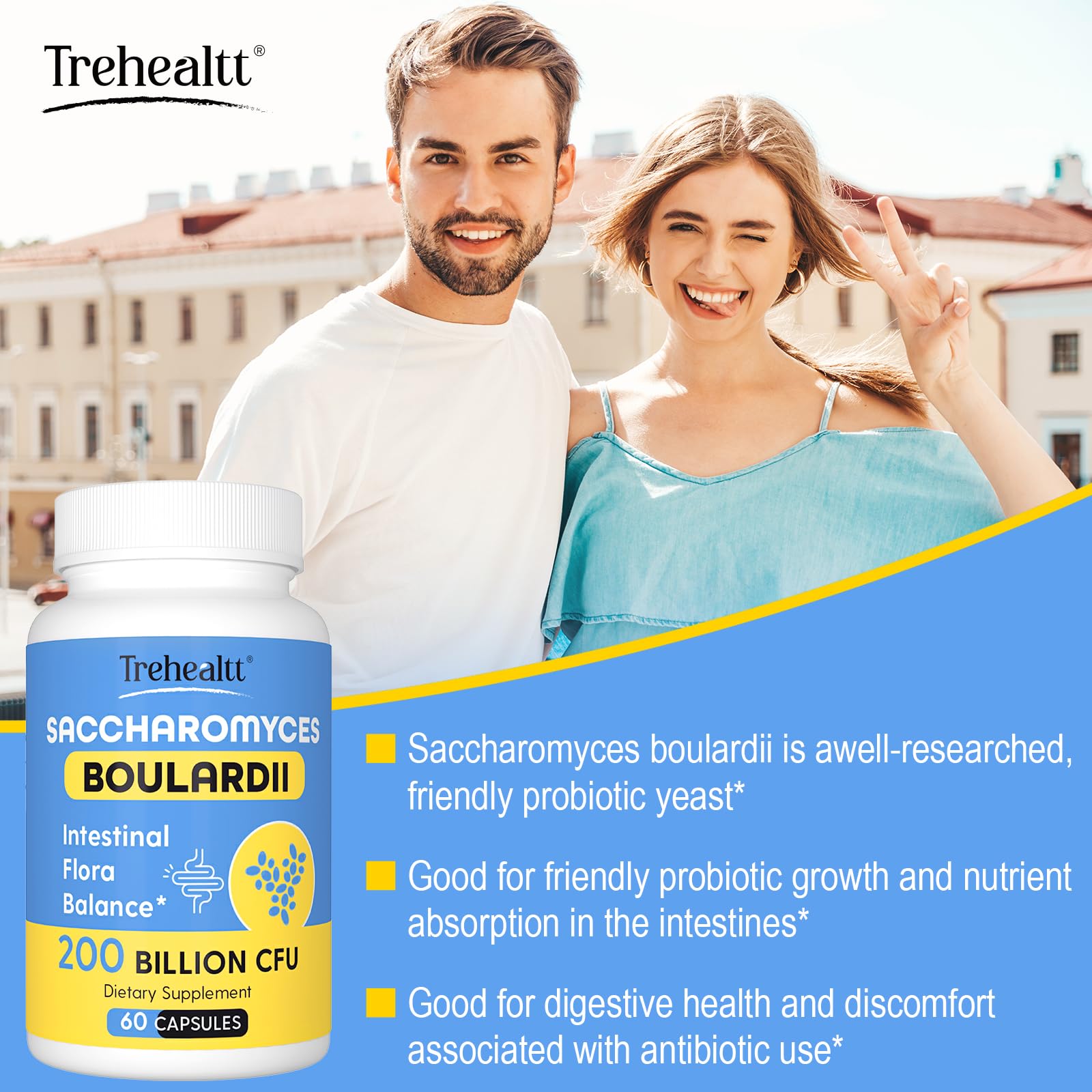 Pouring Trehealtt capsules from bottle for daily digestive routine.
