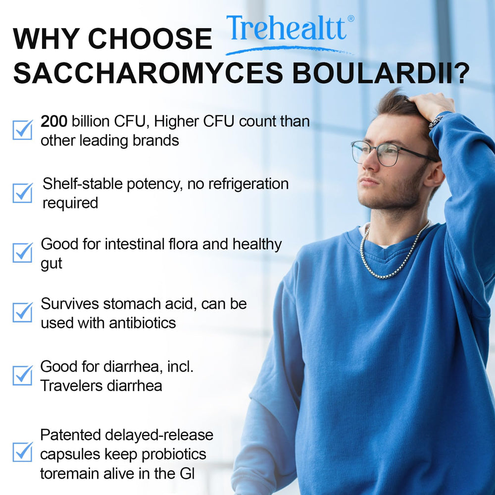 Trehealtt Saccharomyces boulardii label on bottle, shelf-stable and travel-ready.
