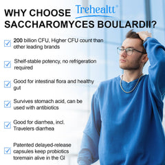Trehealtt Saccharomyces boulardii label on bottle, shelf-stable and travel-ready.