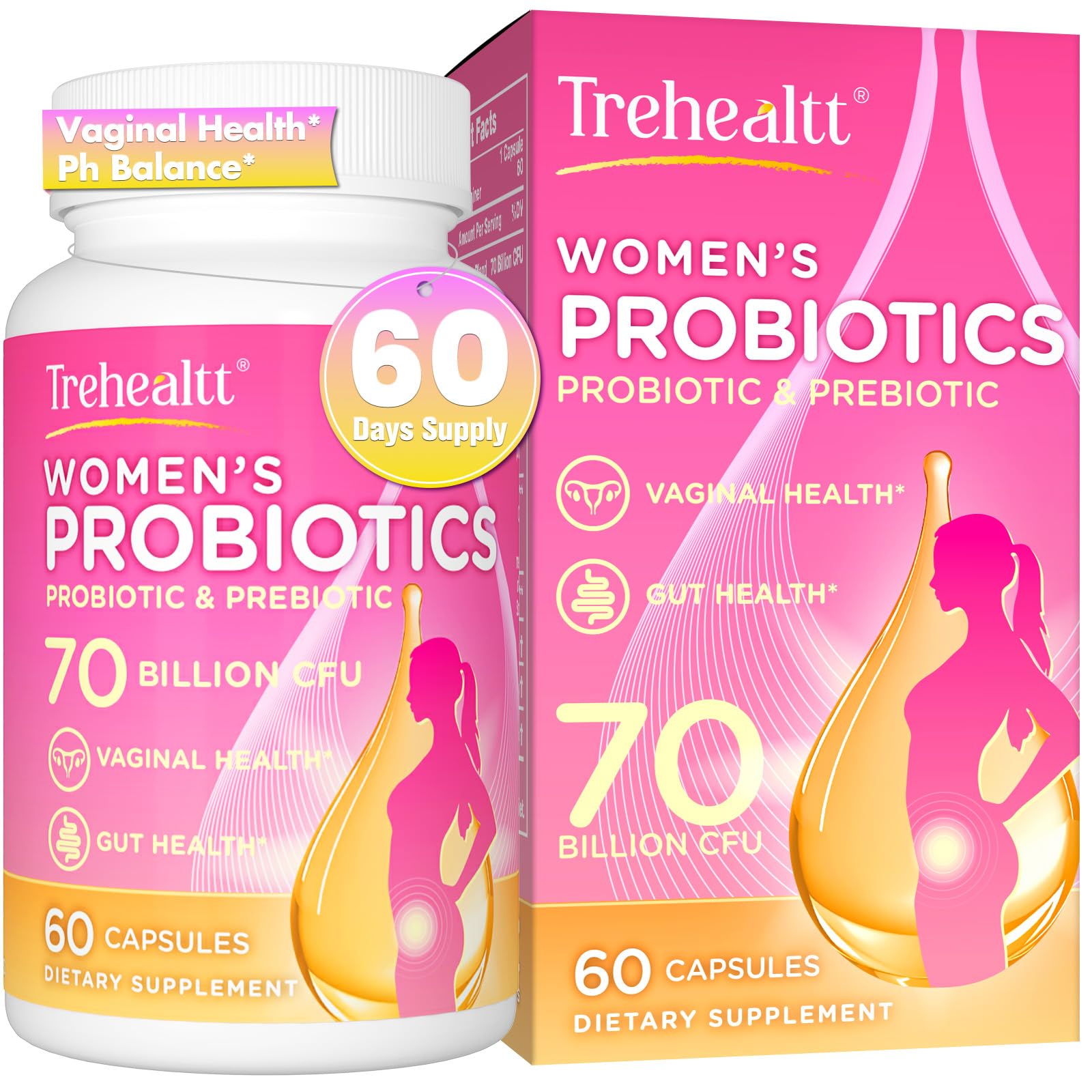 Trehealtt Vaginal Probiotics bottle front highlights 70B CFUs for daily balance.