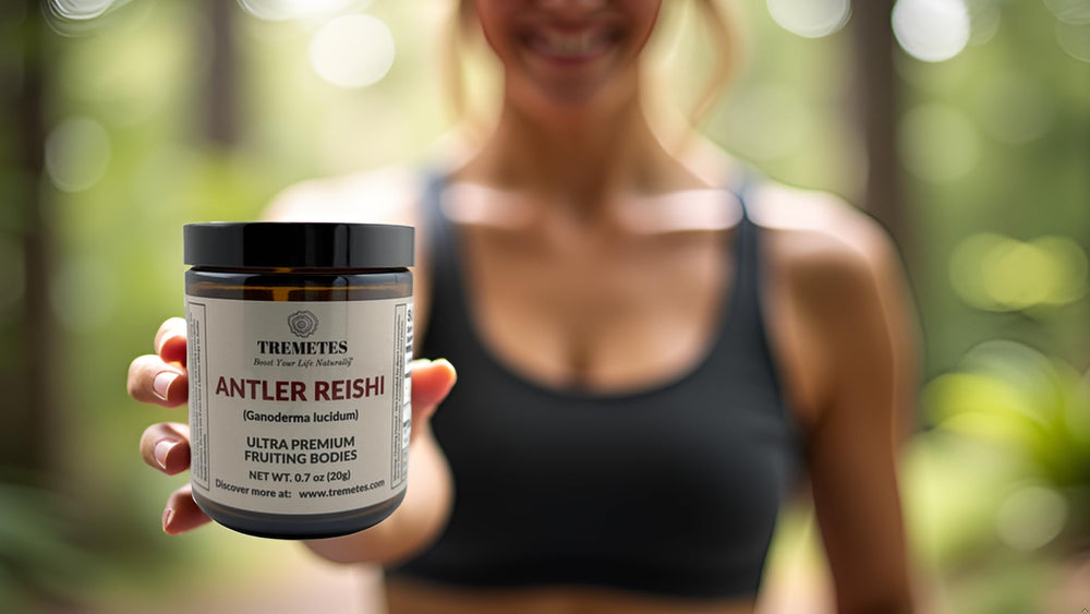 Tremetes Antler Reishi amber glass jar preserves freshness and supports sustainable packaging.