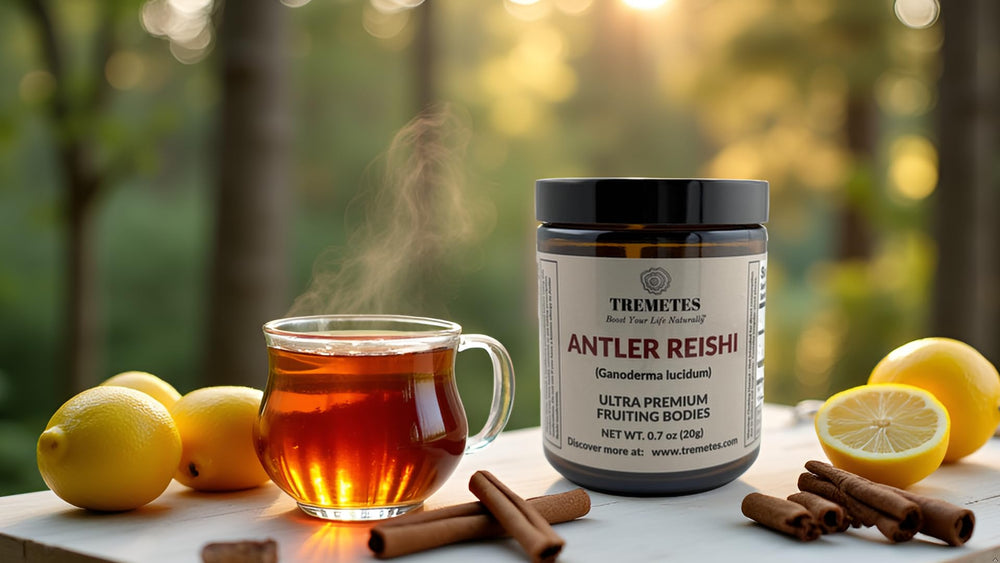 Tremetes Antler Reishi dried mushrooms prepared for a gentle simmer tea.