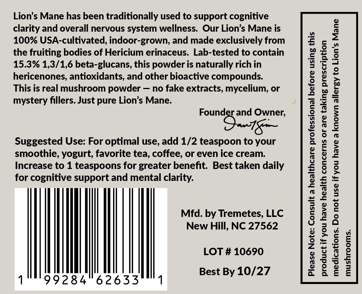 Tremetes Lion’s Mane lab-verified beta-glucans badge on label.