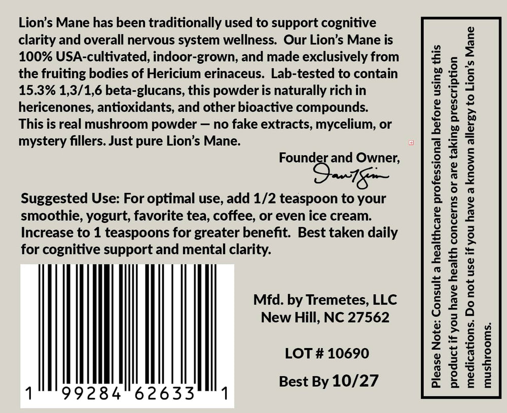 Tremetes Lion’s Mane lab-verified beta-glucans badge on label.