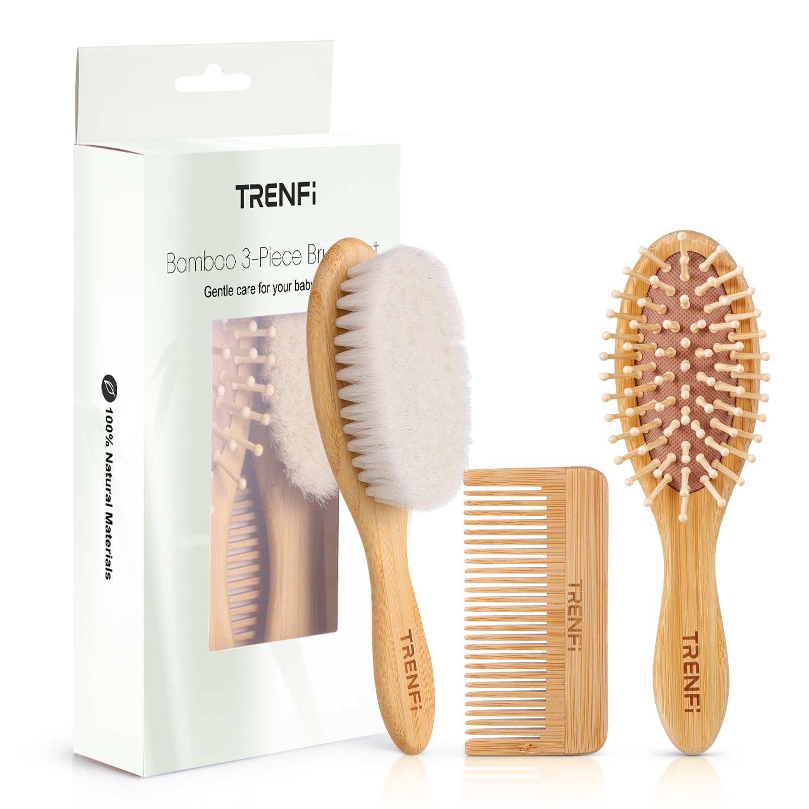 TRENFI bamboo baby hair brush with ultra-soft bristles for gentle newborn grooming