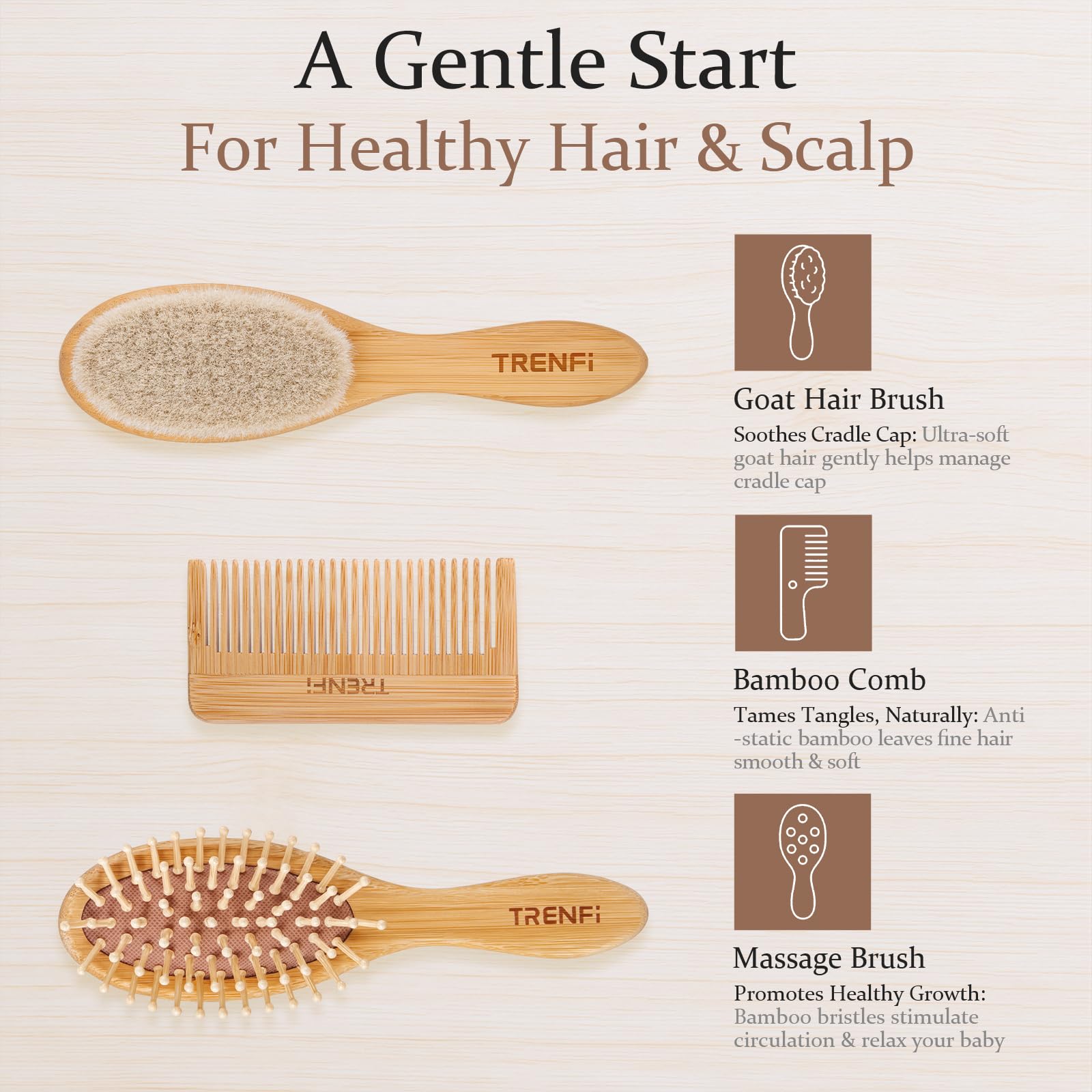 TRENFI wooden massage brush for soothing scalp and bonding during grooming