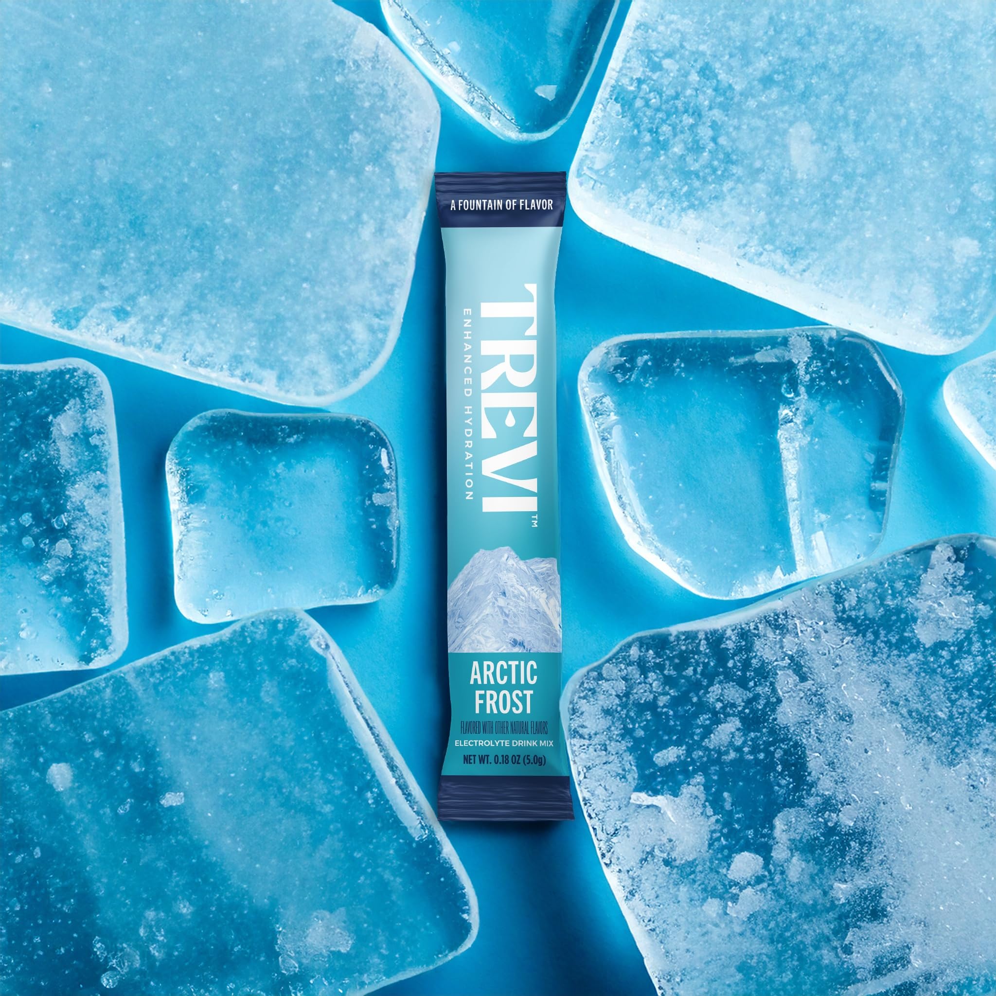 Close-up of TREVI Arctic Frost electrolyte packets showing clean ingredients