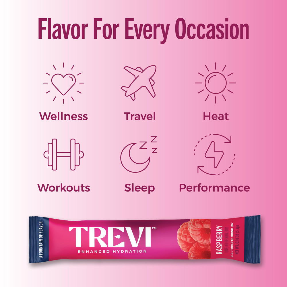 TREVI Raspberry powder dissolves in 32-ounce water for lighter hydration