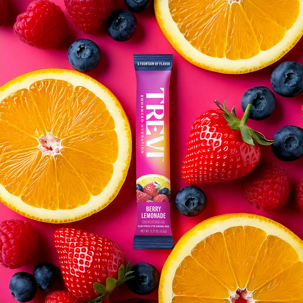 TREVI Berry Lemonade electrolyte packet mix in 16 oz water for bold flavor