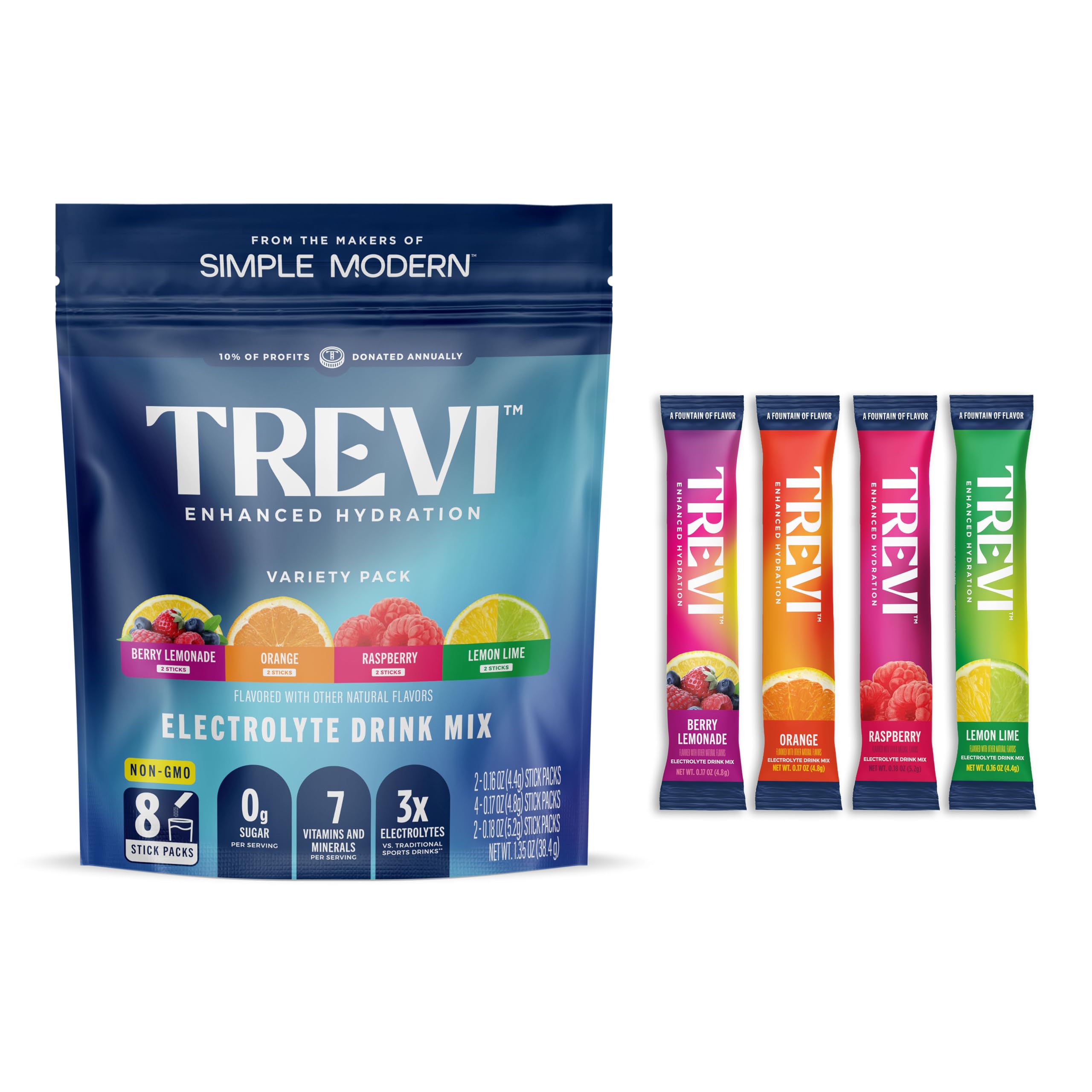 TREVI Sugar-Free Electrolytes berry lemonade stick for on-the-go hydration.