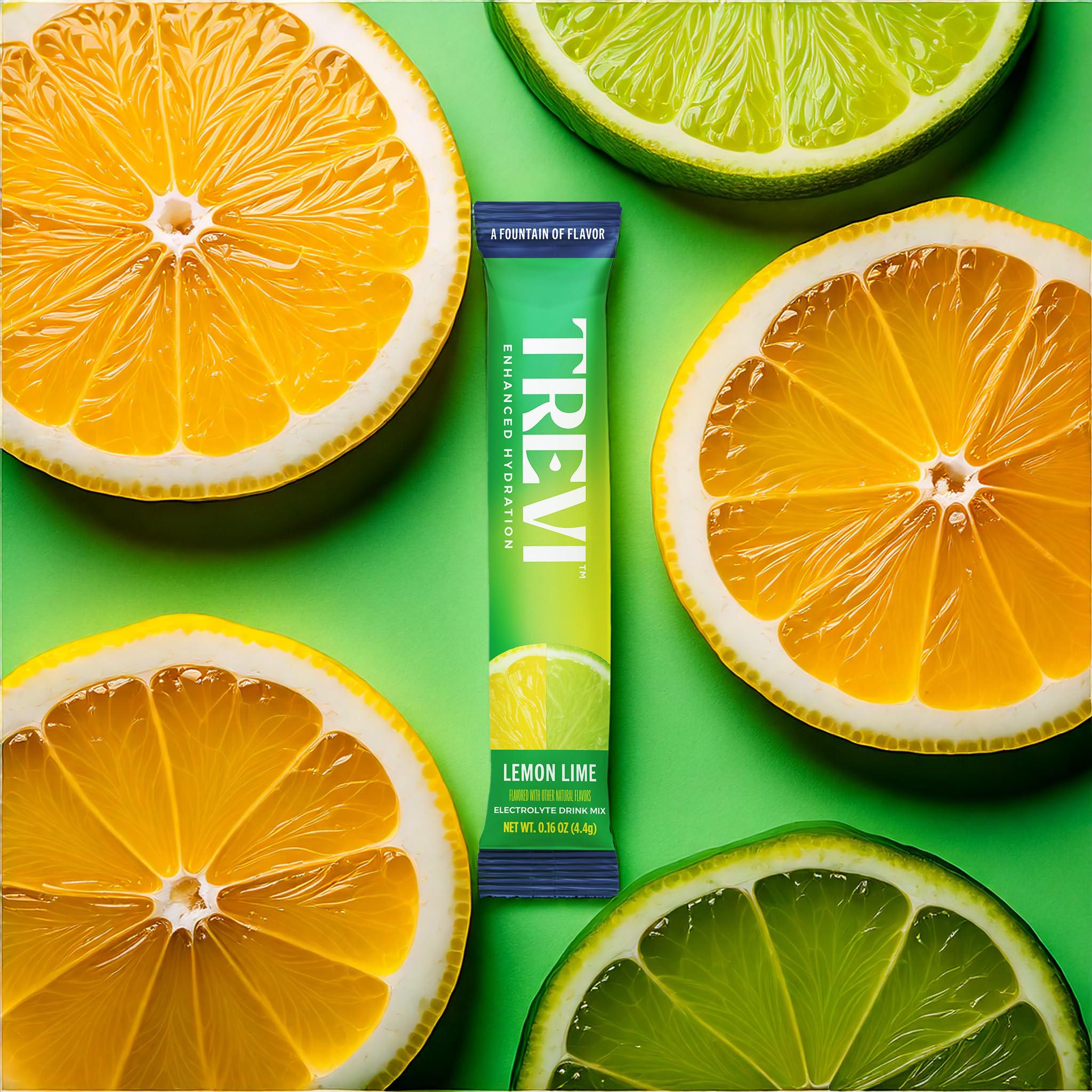 TREVI sugar free electrolytes lemon lime packets beside a glass of water for daily hydration