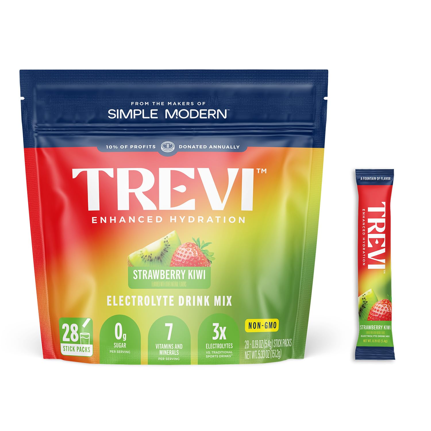  TREVI Sugar Free Electrolytes packet ready for hydration, strawberry kiwi flavor.