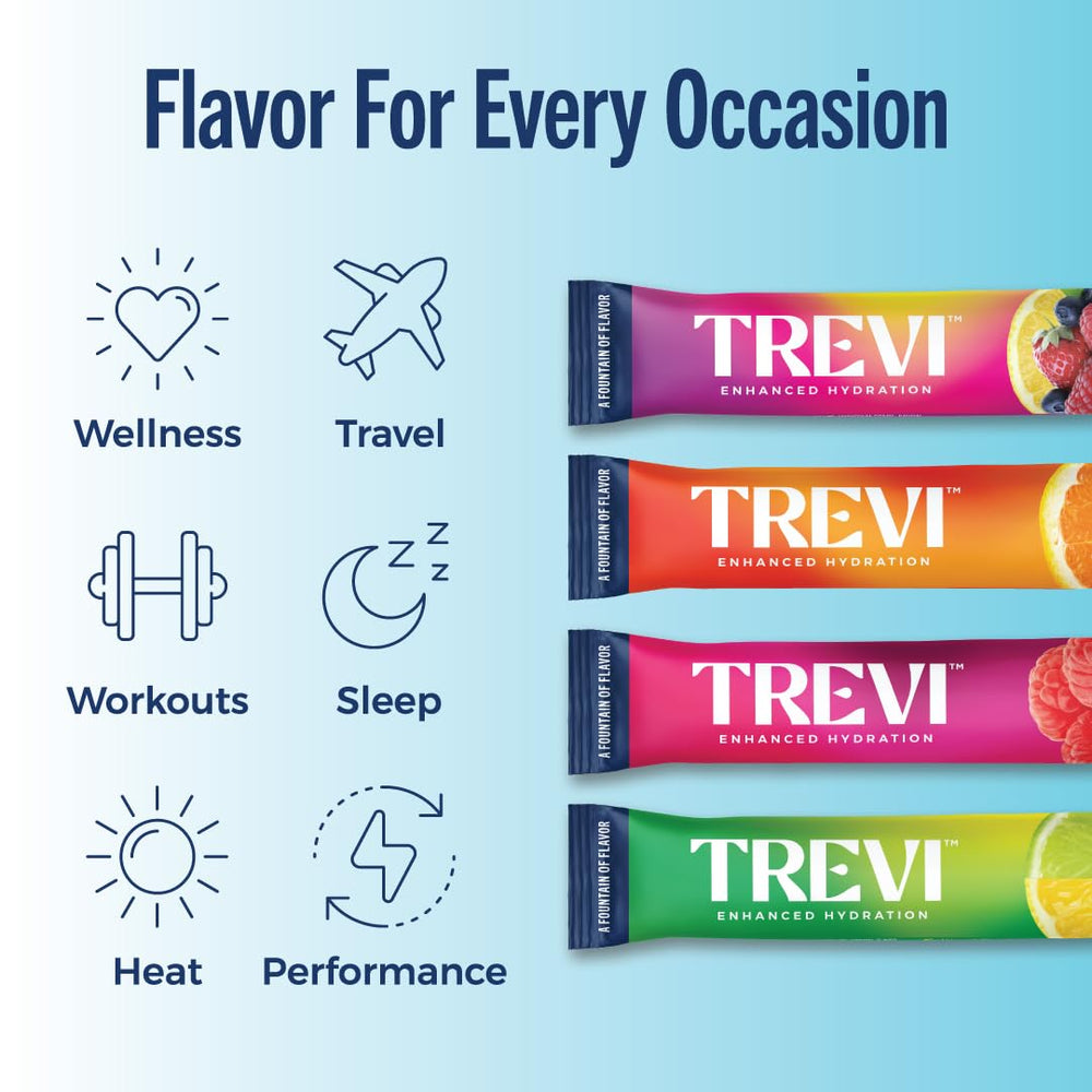 TREVI daily hydration routine visual with glass and sachet demonstrates versatile use.