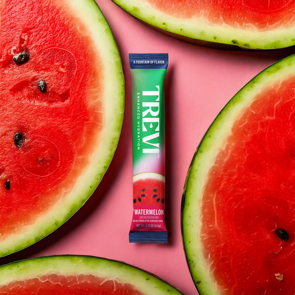 TREVI Watermelon electrolyte packet ready to mix.