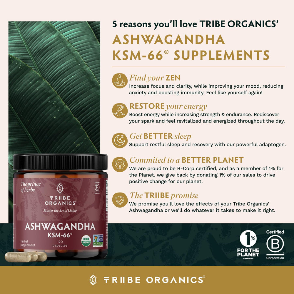 TRIBE ORGANICS Ashwagandha KSM-66 capsules packaging highlights 120-count bottle