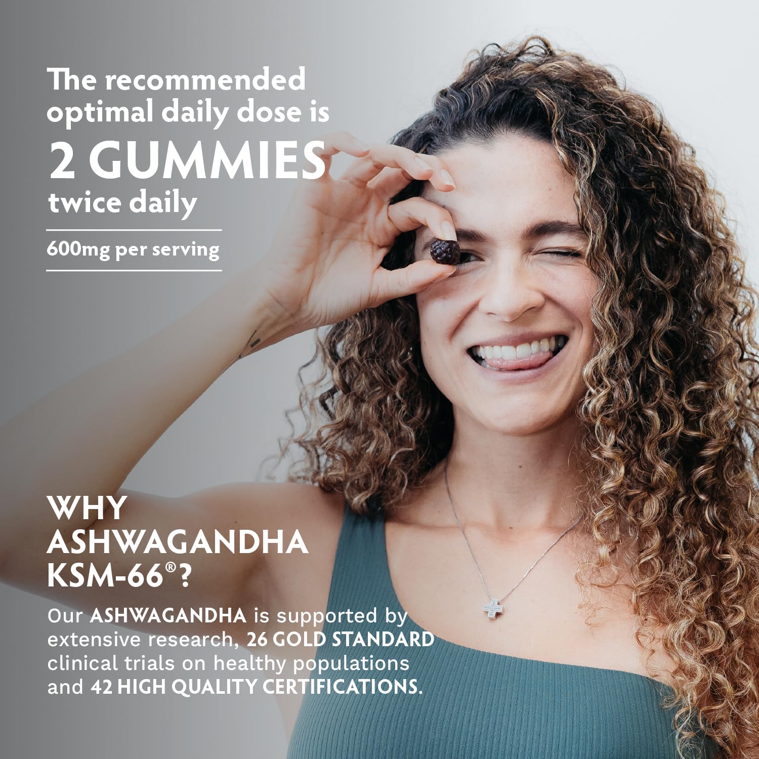 TRIBE ORGANICS Ashwagandha KSM-66 gummies held in hand for daily support