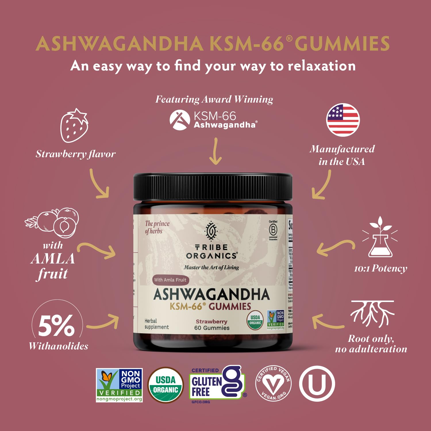 TRIBE ORGANICS Ashwagandha KSM-66 gummies open bottle with chewables ready for daily use