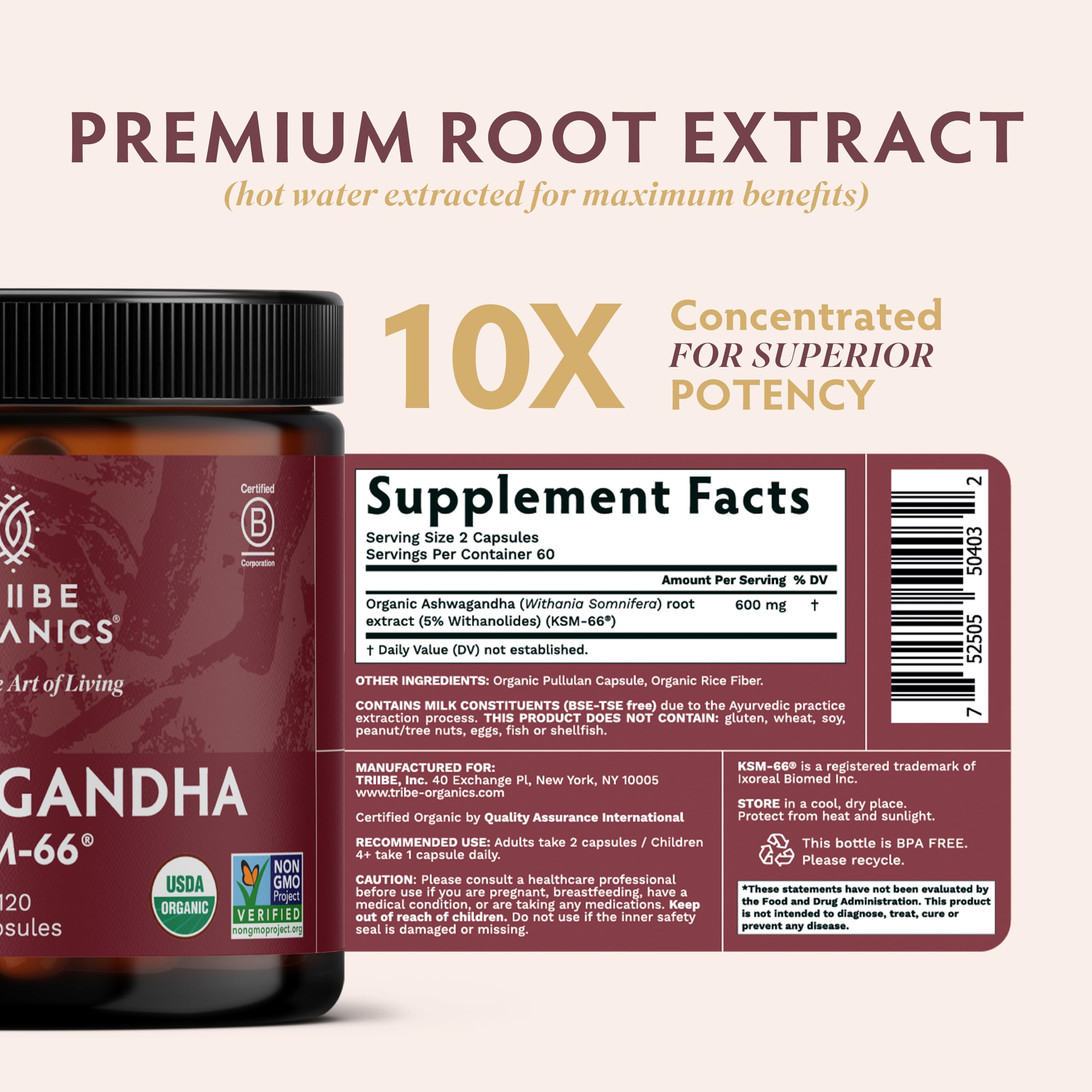 TRIBE ORGANICS Standardized 5% withanolides label signals potency and consistency