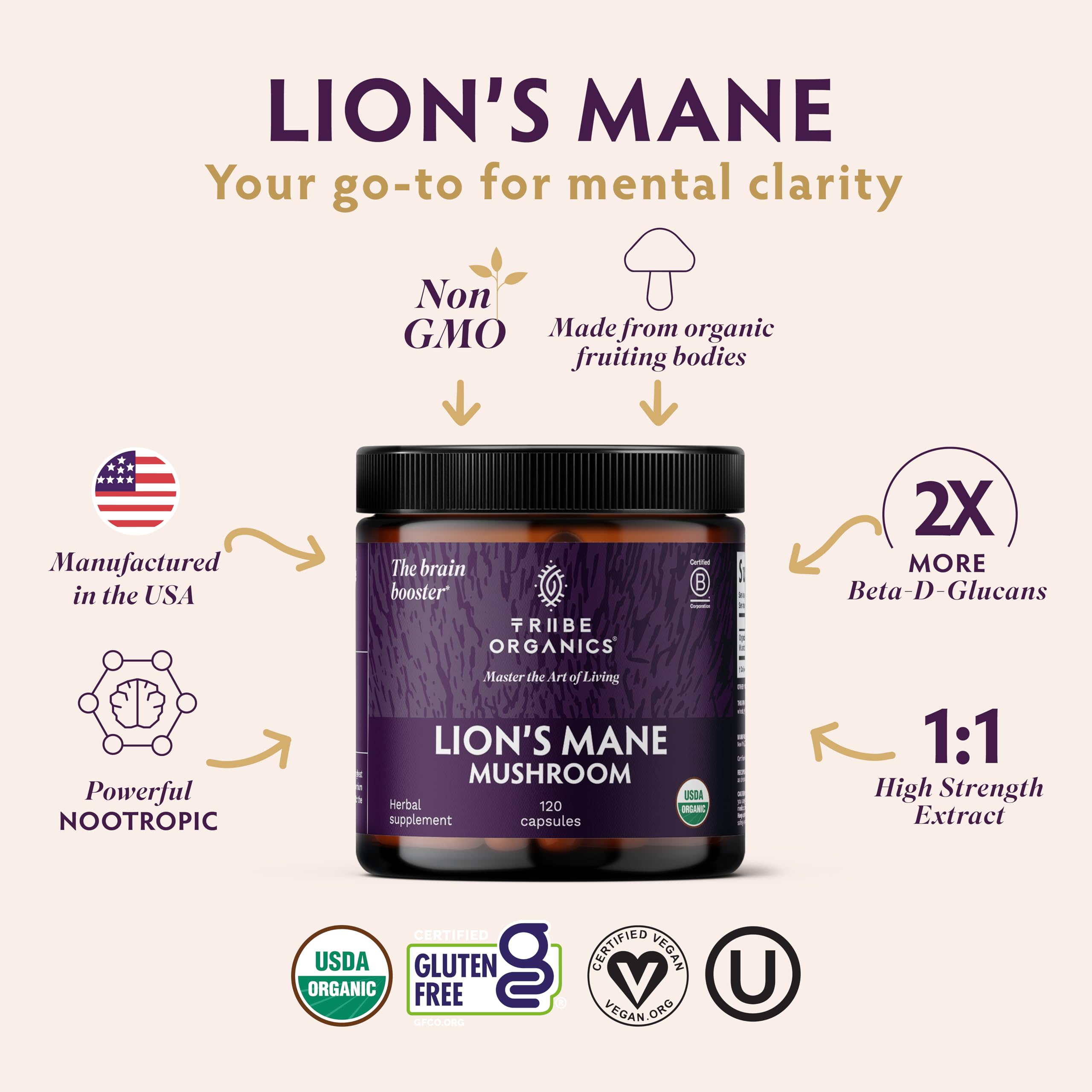 TRIBE ORGANICS Lion's Mane label highlights 1000 mg per capsule and organic extract