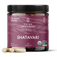 TRIBE ORGANICS Shatavari capsules bottle supports hormonal balance and overall wellness.
