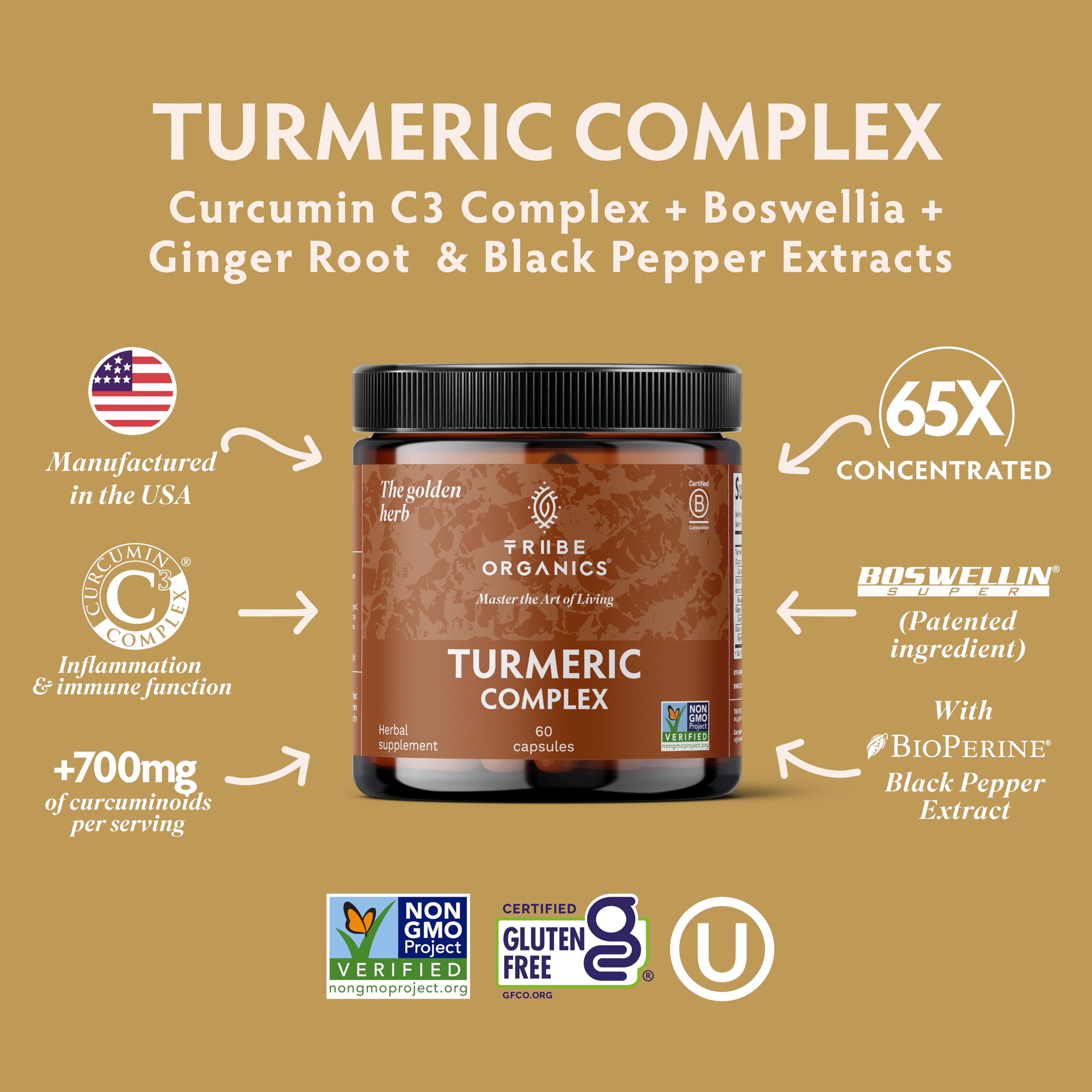 TRIBE ORGANICS Turmeric Curcumin bottle label close-up highlighting 95% curcuminoids.