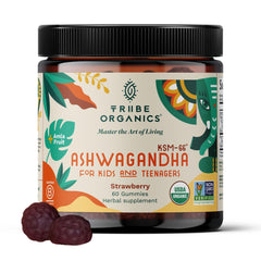 TRIBE ORGANICS Ashwagandha Gummies packaging highlighting premium ingredients for calm focus.