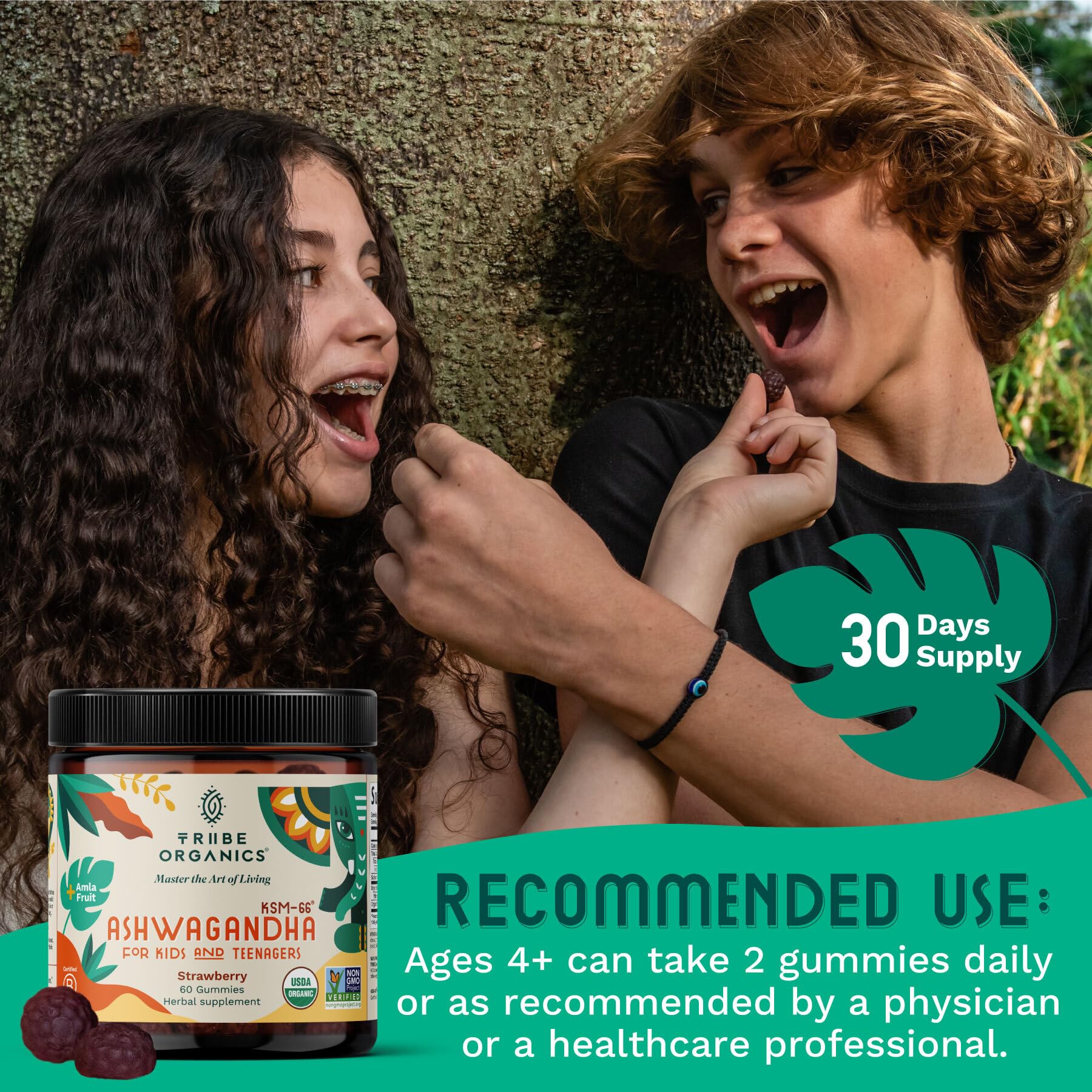 TRIBE ORGANICS serving suggestion shows kid-friendly dose and routine.