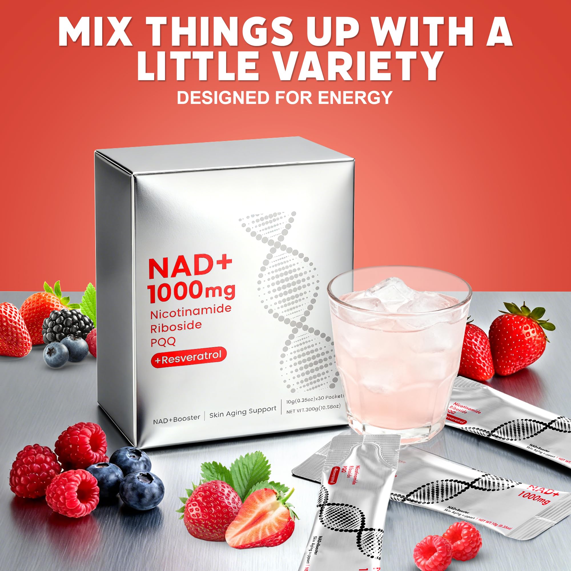 Trihood clean-label energy formula beside a glass of water
