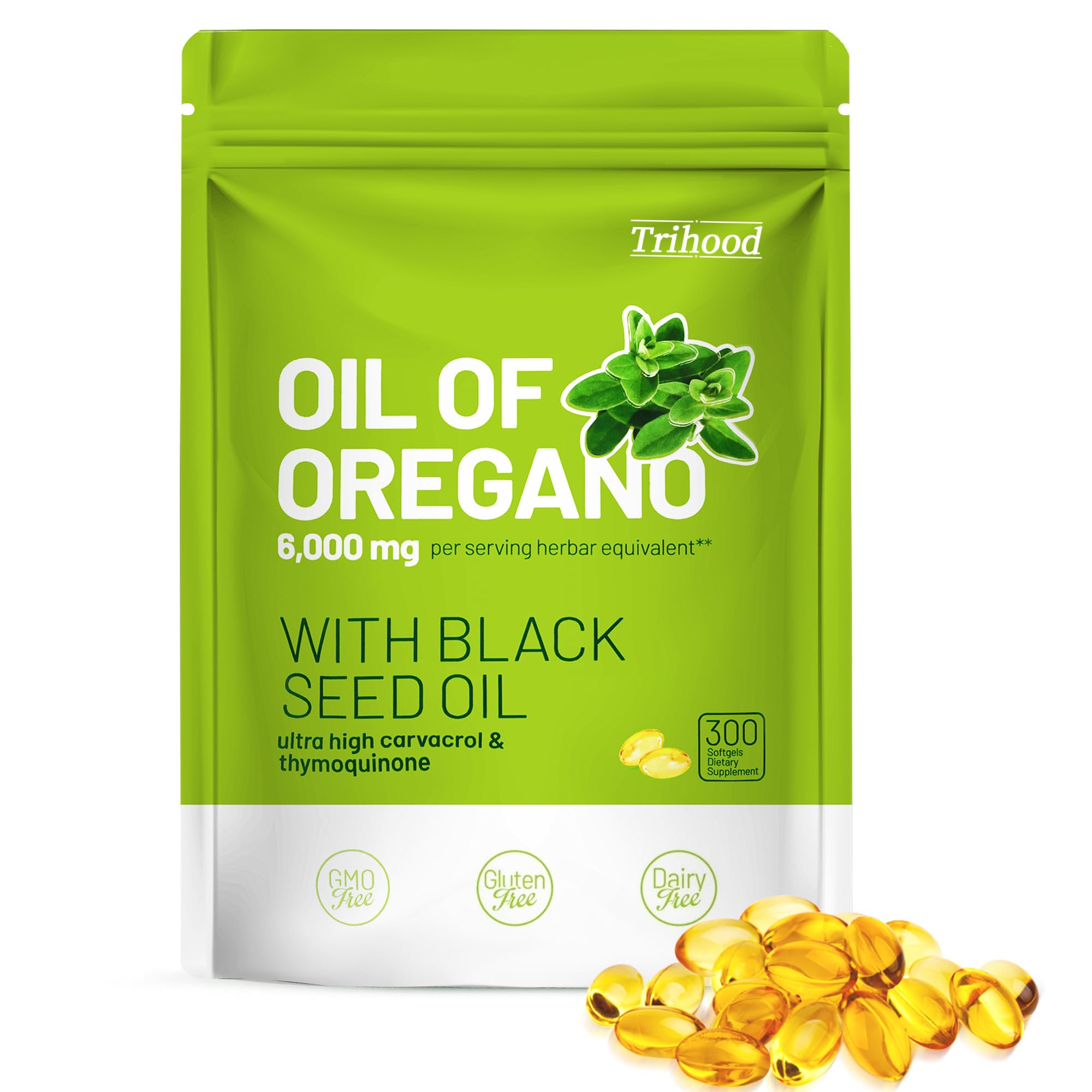 Trihood Oil of Oregano and Black Seed Softgels bottle closeup for a potent 2-in-1 wellness blend.