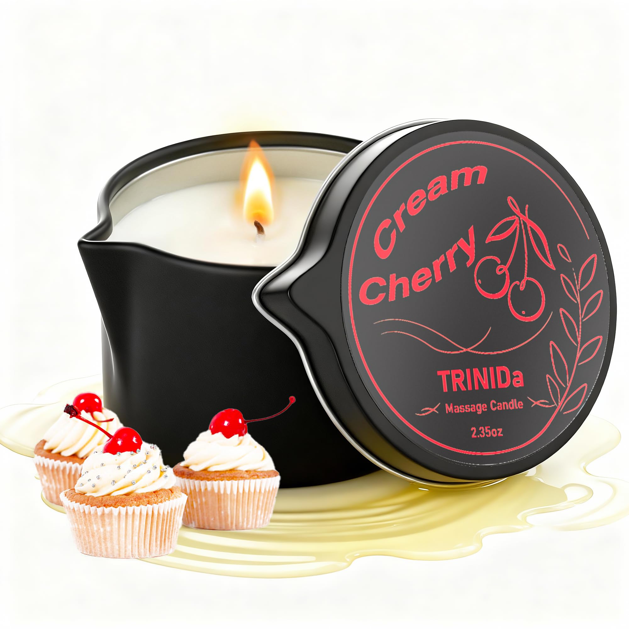 TRINIDa Cream Cherry massage candle lit for a silky oil pour.